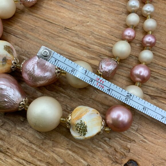 Vintage Beaded Necklace Champagne & Blush Double Strand  Japan Vintage Double Strands Pink Champagne Beaded Gold Tone Hook Clasp Necklace
